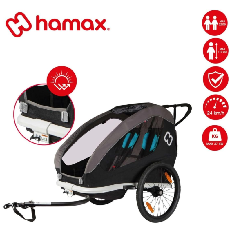 Dviračio vežimėlis Hamax, dvivietis, juodaspilkas 2 Dviračio vežimėlis Hamax, dvivietis, juodas/pilkas